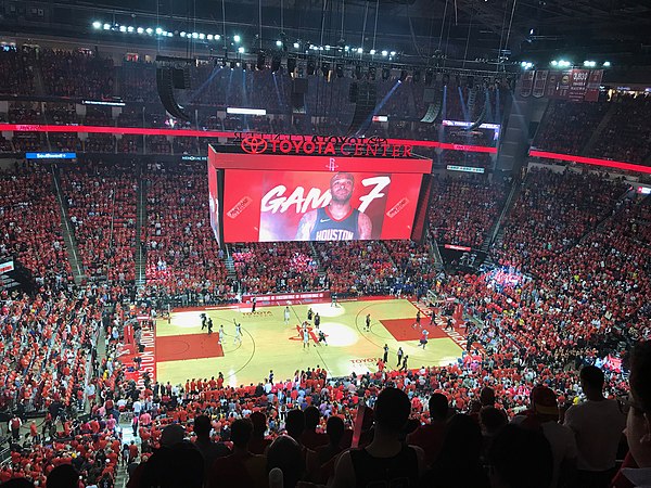 Opening tip in Game 7 of the 2018 NBA Western Conference Finals between the Houston Rockets and the Golden State Warriors.