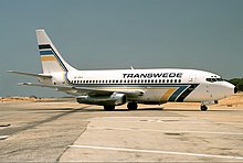 Boeing 737-200 pictured in 1989 Transwede 737-200 SE-DKH.jpg