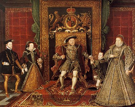 From right to left: Elizabeth I, Edward VI, Henry VIII, Mary I and her husband Philip II of Spain; an allegorical painting meant to show Queen Elizabeth I combined the best virtues of her predecessors, Henry, Edward and Mary