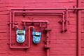 * Nomination Two blue water meters on a brick facade with matte red painted pipes on a street in the evening, in Seoul, South Korea. --Basile Morin 02:54, 6 July 2024 (UTC) * Promotion  Support Good quality. --Tagooty 03:14, 6 July 2024 (UTC)