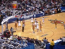 The University of Connecticut Huskies play the University of Texas Longhorns in the second round at Arena at Harbor Yard in Bridgeport, Connecticut. UConnCornell-2008NCAAWomensFirstRound.jpg