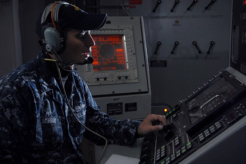 File:US Navy 091005-N-1688B-011 Gunner's Mate 2nd Class Drew Murray, from Titan, Texas, keeps watch at the magazine station for the 5-inch MK-41 gun aboard the guided missile destroyer USS Cole (DDG 67).jpg