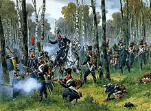 French light infantry in the woods during the Napoleonic era, by Victor Huen. Une compagnie d'infanterie legere francaise dans les bois.jpg