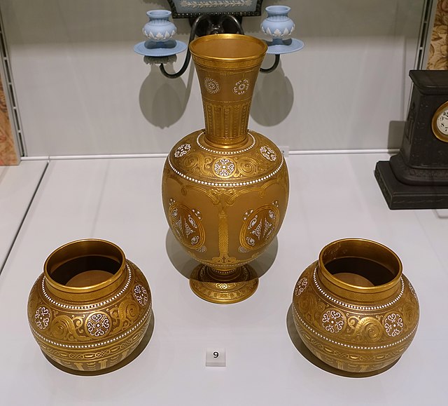 Vases with Celtic motifs, c. 1900, Caneware with raised gilding, by Wedgwood
