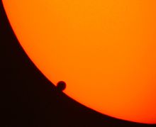 Transits of Venus across the face of the Sun were, for a long time, the best method of measuring the astronomical unit, despite the difficulties (here, the so-called "black drop effect") and the rarity of observations. Venustransit 2004-06-08 07-44.jpg