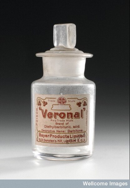 Diethylbarbituric acid was the first marketed barbiturate. It was sold by Bayer under the trade name Veronal.