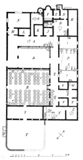 Plan of Villa della Pisanella: A - courtyard, atrium, B - kitchen, C-G - bath with tepidarium, caldarium, etc., H - stables (?), E - larder, K and L - living rooms, N - dining room, M - anteroom, O - bakery, P - wine press, Q - corridor, R - wine storehouse, T - threshing floor, U - pluvial, VVV - living rooms, X - hand mill, Z - oil mills Villa boscoreale plan.png