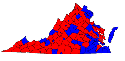 Majority results by county, with Kaine (Dem.) in blue and Kilgore (Rep.) in red. Virginia.Gov.2005.png