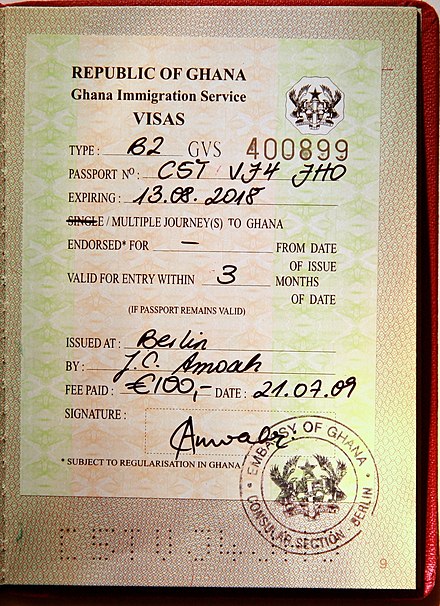 Ghanan visa in a passport