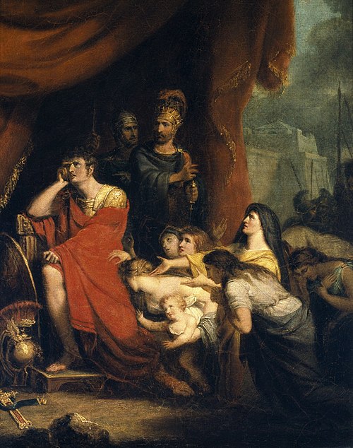 An 1800 painting by Richard Westall of Volumnia pleading with Coriolanus not to destroy Rome.