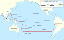 Un mapa de los océanos indios y del Pacífico que muestran la ruta simplificada de la nave de Surville Saint Jean-Baptiste