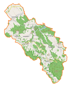 Mapa konturowa gminy Walim, blisko prawej krawiędzi na dole znajduje się punkt z opisem „źródło”, natomiast blisko centrum u góry znajduje się punkt z opisem „ujście”