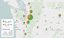 Initiative 692 results by county, with number of votes shown by size, yes in green and no in orange:
.mw-parser-output .legend{page-break-inside:avoid;break-inside:avoid-column}.mw-parser-output .legend-color{display:inline-block;min-width:1.25em;height:1.25em;line-height:1.25;margin:1px 0;text-align:center;border:1px solid black;background-color:transparent;color:black}.mw-parser-output .legend-text{}
Yes
No Washington Initiative 692 pie map.jpg