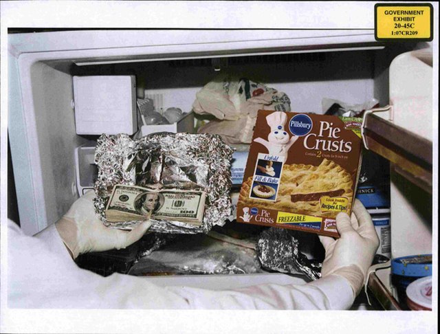 Photo of cash found in Congressman William J. Jefferson's freezer in the August 2005 raid was shown to jurors on 8 July 2009