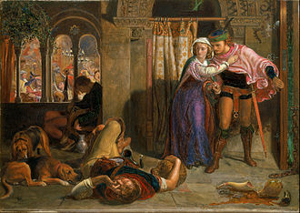 Fuite de Madeline et Porphyro pendant la beuverie des convives, par William Holman Hunt.