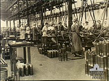 Munitionettes machining shell cases in the New Gun Factory, Woolwich Arsenal, London Women shell workers Royal Arsenal WWI AWM H08115.jpeg