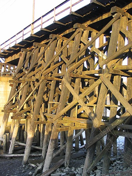 Trestle of wooden posts, beams, and diagonal braces