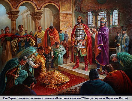 Emperor Justinian II rewards Tervel of Bulgaria for his military aid, that helped him retake the throne.