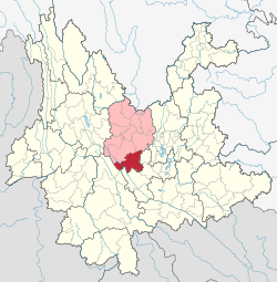 Location of Shuangbai County in Chuxiong Prefecture within Yunnan province