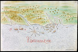 Carte espagnol du 17ème siècle montrant un fragment côtier de l'île caribéenne de Guadeloupe, Cardona, 1632.