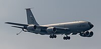 A KC-135R Stratotanker, tail number 62-3565, on final approach at Kadena Air Base in Okinawa, Japan in March 2020. It is assigned to the 909th Air Refueling Squadron at Kadena AB.