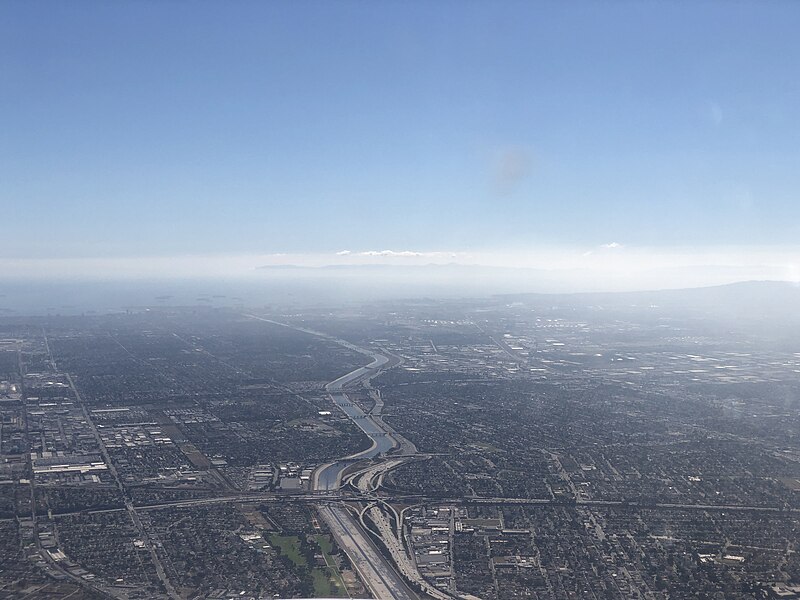 File:2021-10-05 14 20 22 View southwest along the Los Angeles River and Interstate 710 towards the Port of Long Beach in southern Los Angeles County, California from an airplane heading toward Los Angeles International Airport.jpg