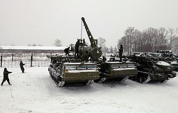 The 202nd Air Defence Brigade in the Western Military District in Russia loading S-300V surface-to-air missiles (SAMs) in 2012.