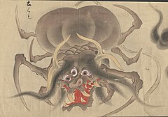 35 Tsuchigumo (土ぐも) means "ground spider." It is also commonly referred to as yatsukahagi or ōgumo (giant spider). Its habitat is rural areas, mountains, forests, and caves, but they are found to live everywhere. Tsuchigumo make homes out of silk tubes from which they attack their prey. The diet of tsuchigumo includes humans, animals, and anything that it can trap.[87] Some tsuchigumo are depicted as spiders with the face of a demon and the body of a tiger.[88] Historically, "tsuchigumo" was used as a derogatory word in Japanese for renegade local clans. In ancient Japan, aborigines who defied central authority were referred to as "tsuchigumo." They are commonly identified as people with different customs, manners, and physiological features from the general population. Therefore, using this definition, they are one of the most ancient types of oni (demon).[89]