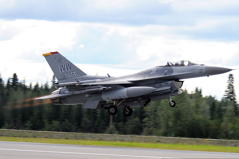 File:A U.S. Air FOrce F-16 Fighting Falcon aircraft, assigned to the 13th Fighter Squadron, takes off during Red Flag-Alaska 12-3 Aug. 6, 2012, at Eielson Air Force Base, Alaska 120806-F-OA355-090.jpg