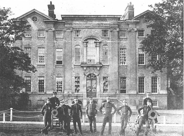 Addiscombe Military Seminary, photographed c.1859, with cadets in the foreground