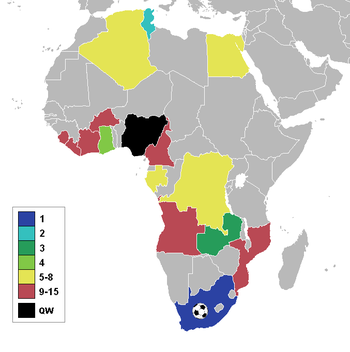 خريطة تظهر الدول المشاركة في كاس امم افريقيا لسنة 1996 مع اظهار مرتبة كل دولة