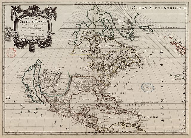 A 17th century map showing North America, with large portions unexplored and California erroneously depicted as an island