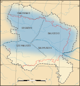 Carte de répartition de l'angevin et de ses dialectes dans l’actuel département de Maine-et-Loire et l'ancienne province d'Anjou.
