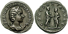 Roman imperial coin, struck c. 241, with the head of Tranquillina on the obverse, or front of the coin, and her marriage to Gordian III depicted on the reverse, or back side of the coin, in smaller scale; the coin exhibits the obverse - "head", or front - and reverse - "tail", or back - convention that still dominates much coinage today. Legend: SABINIA TRANQVILLINA AVG / CONCORDIA AVGG. Antoninianus-Tranquillina-Gordian III-s2539.jpg