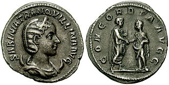 Roman imperial coin, struck c. 241, with the head of Tranquillina on the obverse, or front of the coin, and her marriage to Gordian III depicted on the reverse, or back side of the coin, in smaller scale; the coin exhibits the obverse - "head", or front - and reverse - "tail", or back - convention that still dominates much coinage today. Antoninianus-Tranquillina-Gordian III-s2539.jpg