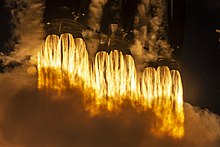Twenty-seven Merlin engines firing during launch of Arabsat-6A in 2019 Arabsat-6A Mission (40628437283).jpg