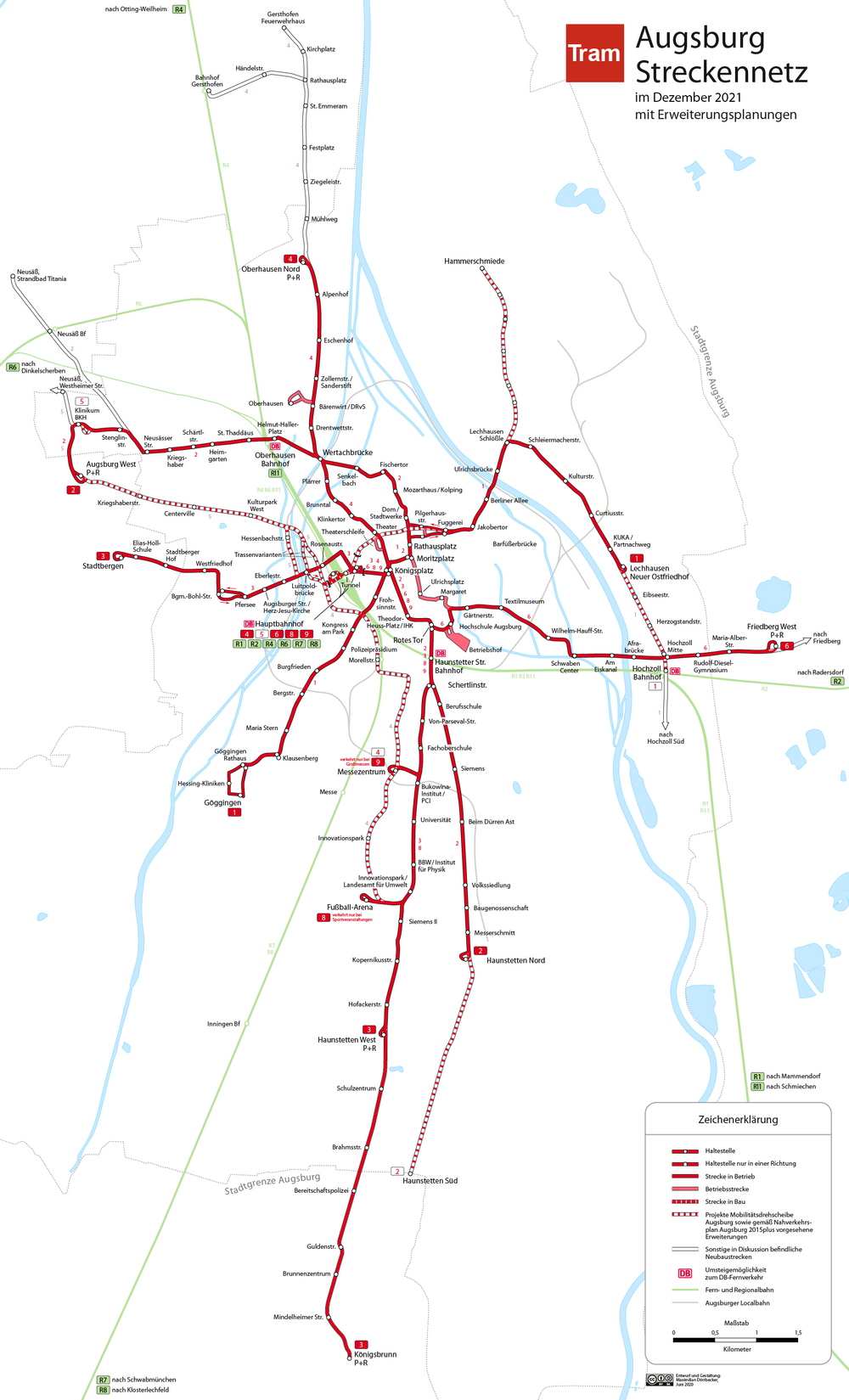 Ausschnitt aus dem ÖPNV-Netzplan für die kostenlose City-Zone in Augsburg ab 1. Januar 2020 mit den beiden Zentralhaltestellen Königsplatz und Moritzplatz und den direkt angrenzenden (+ 1) Straßenbahn- und Bushaltestellen, etwa auch den Hauptbahnhof der auch nur eine Haltestelle vom Kö entfernt liegt.