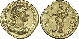 Hadrian on the obverse of an aureus (123). The reverse bears a personification of Aequitas Augusti or Juno Moneta. Inscription: IMP. CAESAR TRAIAN. HADRIANVS AVG. / P. M., TR. P., CO[N]S. III. Aureus a l'effigie d'Hadrien.jpg