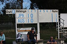 The scoreboard during the first game on Wednesday night's game. Image: Laura Hale.
