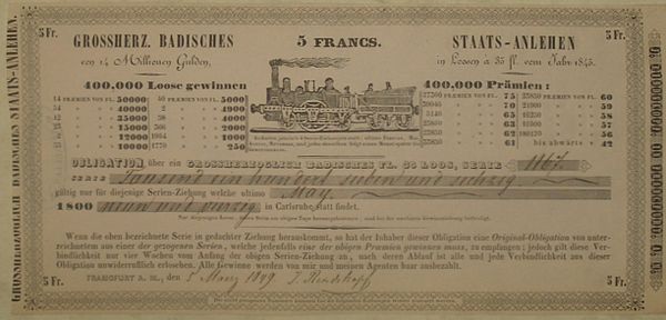 Baden premium bond from 1845/49 issued to finance railway construction.