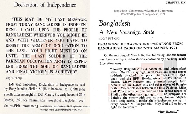 The two messages sent by Bangabandhu Sheikh Mujibur Rahman embodying the proclamation of independence of Bangladesh. Bangabandhu is widely regarded as