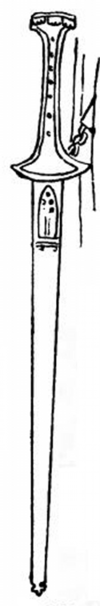 Drawing of the baselard shown on the effigy of Thomas de Topcliffe (died 1365) (Dillon 1887). Baselard Dillon 1391.png