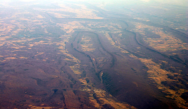 An aerial view of Bedford County, Pennsylvania, showing (from center to right): Wills, Evitts, and Tussey Mountains in December 2006