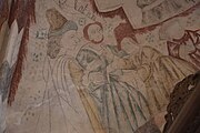 English: Fresco in Bellinge church, Fyn, Denmark. The frescos are signed by Ebbe Olsen and Simon Petersen and are dated 1496. They were covered in white in 1536 and uncovered in 1886. The motives are based on biblia pauperum