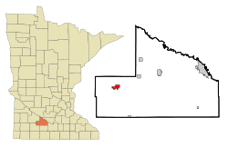Vasemmalla Brownin piirikunnan sijainti Minnesotan kartalla ja oikealla Springfieldin sijainti Brownin piirikunnan kartalla.