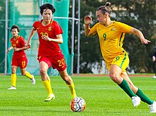 Wing-back Caitlin Foord (right, wearing no. 9) in action with Australia against China at the 2017 Algarve Cup Caitlin Foord in action at 2017 Algarve Cup.jpeg
