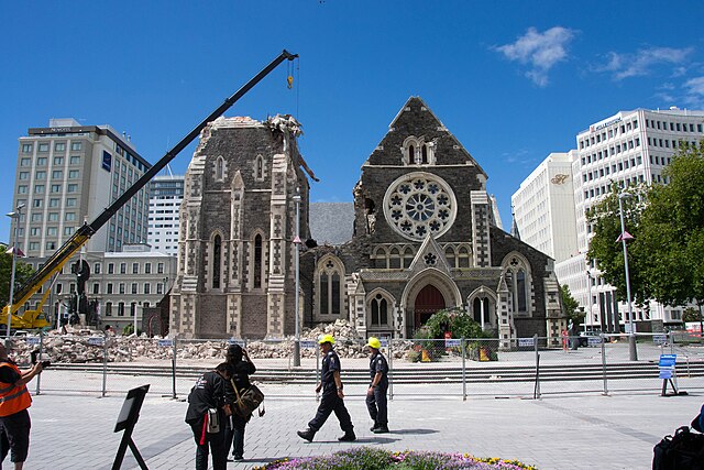 ChristChurch Cathedral showing the effects of the February 2011 earthquake (tower under demolition)