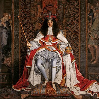 Charles II of England in rhinegraves, painting by John Michael Wright, 1661 or 1662 Charles II of England in Coronation robes.jpg