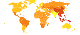 Disability-adjusted life years (DALY) lost from Chlamydia in 2012 per million males.   74-80   85-85   86-136   136-202   205-285   287-314   314-441   443-469   486-486   498-663 * Countries are divided approximately by population into ten groups. * Dependencies of France, United Kingdom, United States of America, The Netherlands and Denmark are grouped with their respective countries.