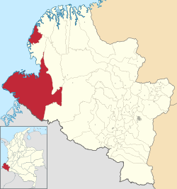 Location of the city (red) and municipality (dark gray) of Tumaco in the Nariño Department.